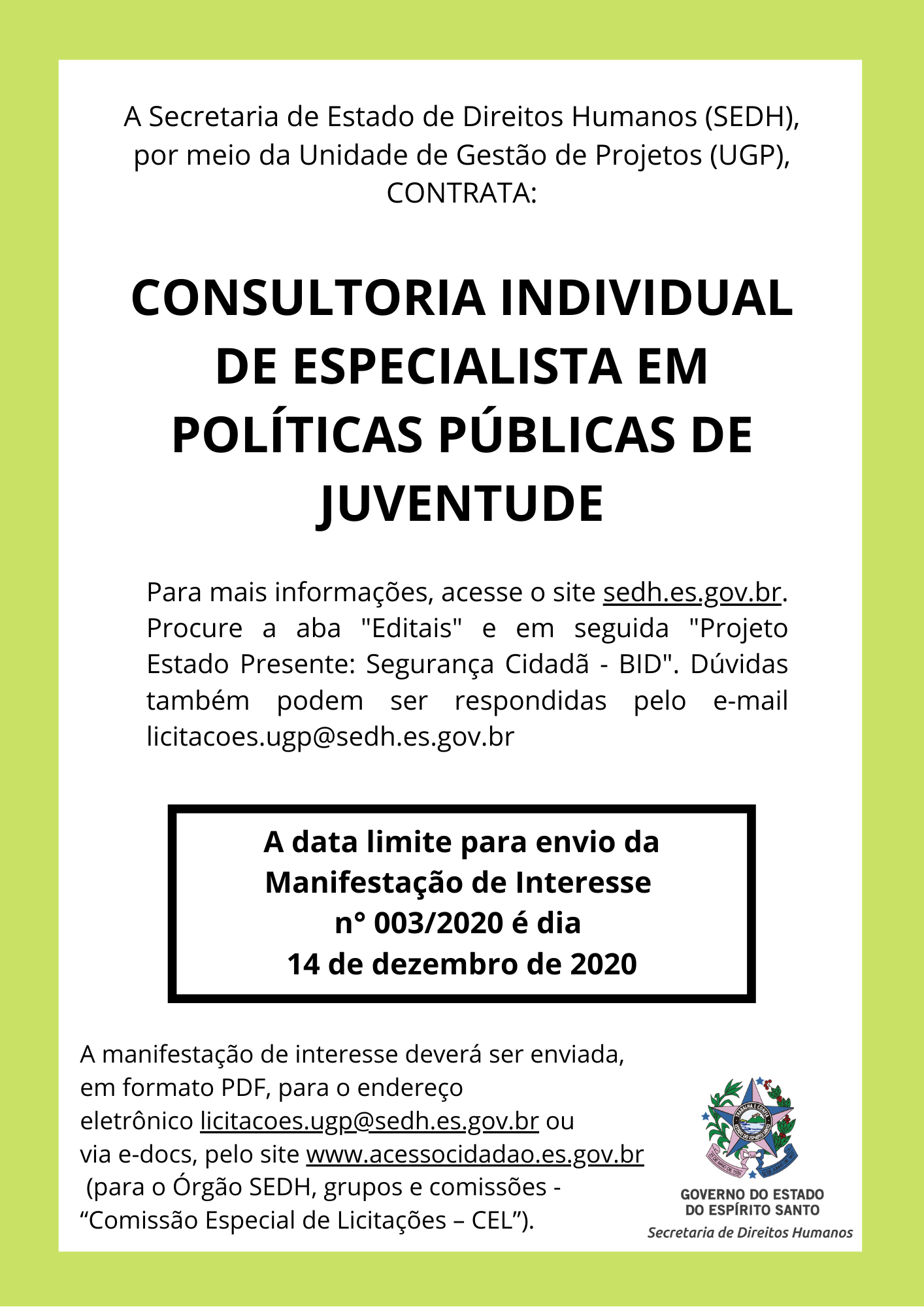 JuventudES - SEDH publica manifestação de interesse para contratar ...