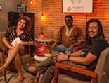 Juane Vaillant e Adriano Monteiro entrevistam o escritor Edson Bonfim no Podcast Palavra Negra. Foto Luiz Will Gama